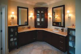 Modern double vanity with vessel sinks and rustic mirrors. Corner Bathroom Vanity 3258