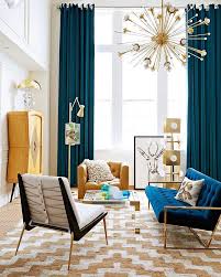 15 Blue Drapes And Curtain Ideas For A Stunning Modern Interior Chandelier In Living Room Living Room Design Modern Mid Century Modern Living Room
