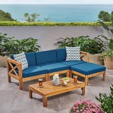 Rayan Outdoor 5 Piece Acacia Wood Sofa Set Teak And Beige Walmart Com In 2020 Wood Sofa Outdoor Sofa Sets Patio Seating Sets