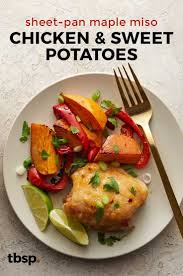 Sheet Pan Maple Miso Chicken And Sweet Potatoes Recipe Baked Chicken And Veggies Miso Chicken Chicken Sweet Potato