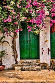 Green Door Fuchsia Bougainvillea Old World Stone Tropical Green Door Beautiful Doors Doorway
