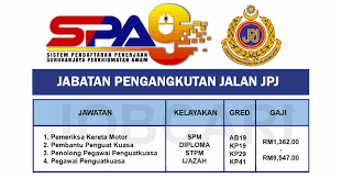 Rm1,493.00) pegawai sedang berkhidmat dalam perkhidmatan pembantu pendaftaran adalah layak dipertimbangkan oleh pihak berkuasa melantik berkenaan untuk peningkatan secara lantikan ke jawatan penolong pegawai pendaftaran gred kp29, tertakluk. Permohonan Terbuka Spa9 Jawatan Di Jabatan Pengangkutan Jalan Jpj Jobcari Com Jawatan Kosong Terkini