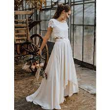 Elegant Two Piece Boho Chiffon Wedding Dress 2020 Lace Crop Top Hi Low Elegant A Line Weddi In 2020 Crop Top Wedding Dress Wedding Dresses Lace Two Piece Wedding Dress