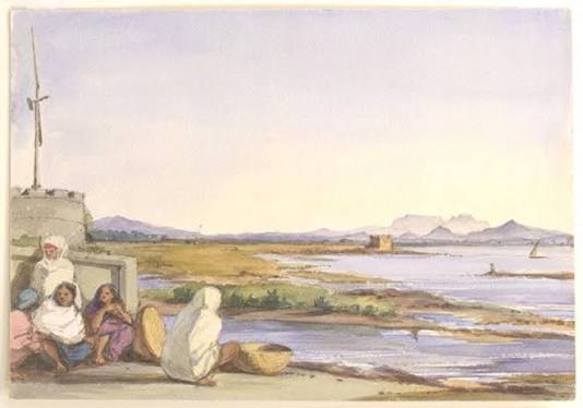 RBSI - Tanna Bunder, Shahpoor in the distance - 1851 Watercolour by William Carpenter (1818-1899) of Thane in Maharashtra, dated 6th January 1851. The image is inscribed on the reverse: 'Tanna Bunder. Sha