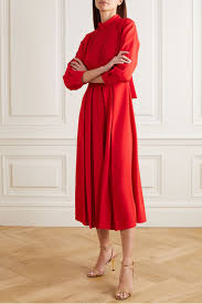 Red Pleated Shirred Crepe Midi Dress Prada In 2020 Dresses Midi Dress Pleated