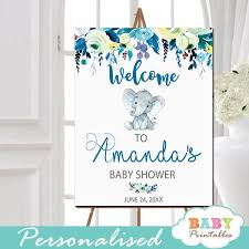 Free printable blue baby shower banner and cupcake toppers. Elephant Baby Shower Signs Floral Teal Blue D432 Baby Printables