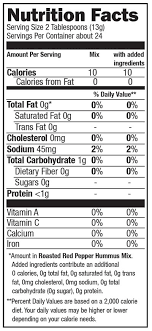 There are 70 calories in 2 tbsp of roasted red pepper hummus by sabra from: Sabra Hummus Nutrition Label Juleteagyd