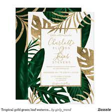 Tropical Gold Green Leaf Watercolor Script Wedding Invitation Zazzle Com In 2021 Script Wedding Invitations Wedding Invitations Gold Wedding Invitations