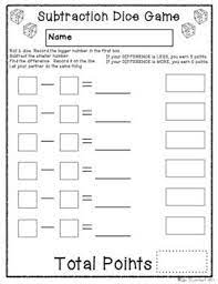 Dice game worksheets for kindergarten. Subtraction Dice Game And Recording Sheet Freebie Free Math Lessons Math Subtraction Games Math Instruction