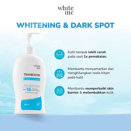 White Inc Tranexamic Body Lotion Biru adalah produk perawatan kulit tubuh  yang diformulasikan untuk membantu mencerahkan dan melembapkan kulit.  Berikut beberapa manfaat utama dari White Inc Tranexamic Body Lotion Biru:  - *Mencerahkan