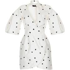 Black And White Polka Dot Long Sleeve Dress Rasario Mini Dress With Volume Sleeves 2 130 Liked On Polyvore Featuring Dresses Black Structured Dres Black Short Sleeve Dress Wrap Dress Short Clothes