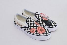 Black And White Custom Vans Slip Ons Custom Hand Painted Checkerboard Vans Slip Ons Feature Coral Daisy S With Studio Headphones Vans Slip On Custom Vans Shoes Custom Painted Shoes