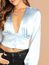 Deep V Neck Satin Button Front Bishop Sleeve Blouse Shein Sheinside Bishop Sleeve Blouse Bishop Sleeve Blouse