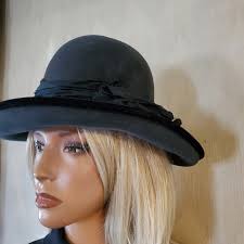 Vintage Louise Green Charcoal Gray Brimmed Wool Hat Jeweled Accent Boho