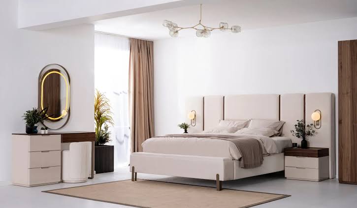 Upholstered bed suite and decor, AI generated