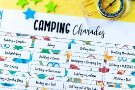 Camping trivia will add some family game time, and also includes a charades game and a scavenger hunt. Camping Charades And Pictionary Free Printable Words Play Party Plan