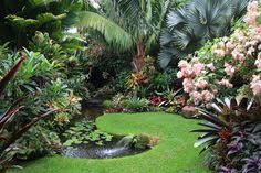 Note How The Curved Shape Of The Pond Make This Fantastic Garden Even More Interesti Tropical Landscape Design Tropical Garden Design Modern Garden Landscaping