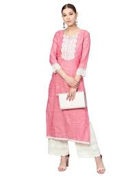 The lace border fancy saree embroidery design for machine embroidery. Pink White Handloom Cotton Lace Border Kurta Palazzo Set Inddus 2988000
