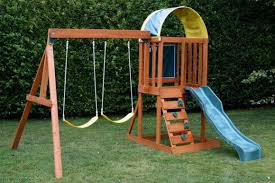 Small Wooden Swing Play Sets With Stairs And Blue Sliding As Well As Wooden Backyard Ideas For Small Yards Small Backyard Landscaping Amazing Landscaping Ideas