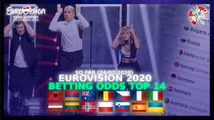 The odds are subject to change, and can be seen as bookmakers' prediction of the betting: Eurovision 2020 Betting Odds Top 14 So Far 24 02 Youtube