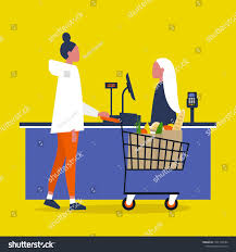 Cashier Grocery Store A Client Buying Groceries At The Supermarket Register Counter Daily Life Flat Editable Vector Buying Groceries Grocery Grocery Store