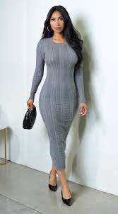 Alexandra Long Sleeve Knit Cable Midi Dress - Gray M / Gray