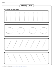 The template includes 6 lines for writing, with a dotted middle line and descender line to help students practice lower case and upper case letters. Tracing Lines Worksheets