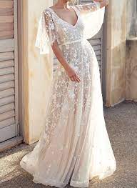 Floryday V Neck Wedding Dress Beach Wedding Dress Boho Lace Beach Wedding Dress