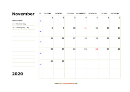 Printable November 2020 Calendar Box And Lines For Notes Free Calendar Template Com