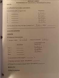 Report Sheet Experiment 8 Colorimetric Determination Chegg Com
