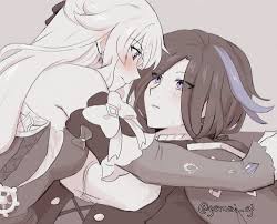 kaiyamon, clorinde (genshin impact), navia (genshin impact), genshin  impact, commentary, english commentary, highres, 2girls, blue eyes, blush,  bow, closed mouth, dress, ear blush, earrings, elbow gloves, eye contact,  gloves, greyscale, jewelry, long