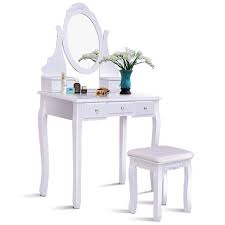Wooden Vanity Set With 360 Rotating Oval Mirror And Cushioned Stool Vanity Table Set Dressing Table With Stool Wooden Vanity