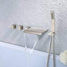 Wall mounted brass bathtub faucet 5 colors optional with hand held shower tap. Moda Waterfall Wall Mounted Tub Filler Faucet With Hand Shower Brushed Nickel Bathtub Faucets Bath Faucets