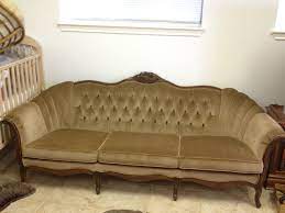 Antique Couch Tan Velvet With Dark Wood Trim Hand Carved Violin On Center Back Of Couch This Couch Is In Great Condition Dark Wood Trim Antique Couch Wood Trim