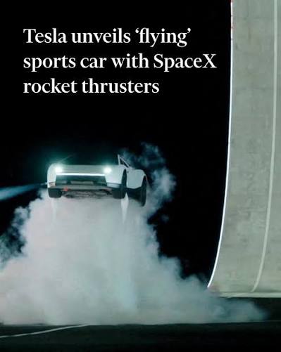 Elon Musk has unveiled the Tesla Roadster, a 'flying' sports car equipped  with thrusters from his rocket company SpaceX as the carmaker tries to  revive its image as a brash innovator.⁠ ⁠