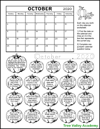Printable Calendar Worksheet For October 2020 Tree Valley Academy In 2020 Calendar Worksheets Calendar Skills Calendar Questions