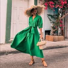 Nwt Zara Green Midi Dress With Voluminous Sleeves Size M Ref 4437 057 Zara Alinedress Casual Zara Green Dress Green Midi Dress Vacation Dresses