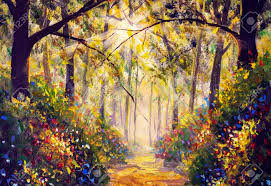 A painting of a painting within a painting, velázquez masterpiece consists of different themes rolled into one: Sunny Forest Wood Trees Original Oil Painting Road In Sun Summer Stock Photo Picture And Royalty Free Image Image 143560305