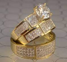 2 50ct Diamond Bride Groom Trio Ring Engagement Wedding Set 14k Yellow Gold Fn Br925silver Wedding Rings Engagement Wedding Ring Trio Sets Wedding Ring Trio