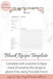 Editable Recipe Page Floral Printable Recipe Card Blank Etsy Recipe Cards Printable Recipe Cards Recipe Cards Template