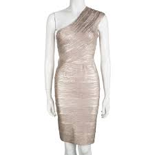 Herve Leger Metallic Coated One Shoulder Josephine Bandage Dress M