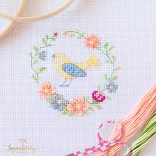 The approximate size when finished is 31.9 x 32.9 (447 x 461 stitches). Little Bird In Flower Wreath Loganberry Handmade