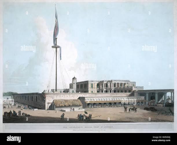 The Government House, Fort St. George Madras [Chennai]; The Government House is within the Fort; here the business of the English East India Company is transacted, but the residence of the Governor