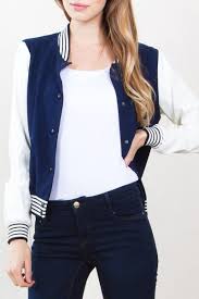 Black And White Varsity Jacket Outfit We Don T Need His Letterman Jacket We Have Our Own Navy And White Varsity Jacket Black And Whit Varsity Jacket Outfit Letterman Jacket Outfit Varsity Jacket