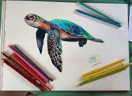 Then, draw a beak and some eyes on the top circle. Colorful Turtle Drawing Whith Prisma Colour Color Drawings Ideas Turtle Drawing Color Drawings