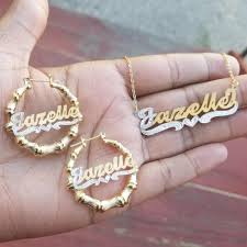 Featuring an inside out look and a highly polished gold finish, these versatile diamond hoop earrings are available in 14k white, yellow and rose gold. Personalized 14k Gold Overlay Name Hoop Earrings Bamboo And Chain Set 2 Inch Nikfine