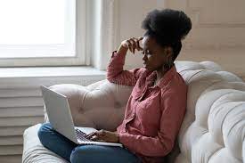 Black Woman Sitting on Sofa Talking on Video Chat Online or Webinar at  Home, Chatting, Using Laptop Stock Image - Image of smile, internet:  222849495