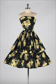 Vintage 1950s Dress Black Yellow Floral Cotton Strapless Vintage 1950s Dresses Beautiful Dresses Pretty Dresses