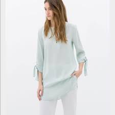 Zara Green Tie Sleeve Tunic Fashion Fleece Pullover Cold Shoulder Lace