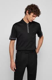 Boss Zip Neck Polo Shirt In Cotton With Piped Trims